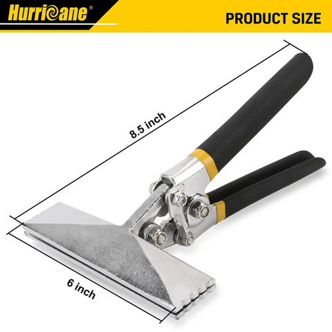 6 Inch Straight Jaw Sheet Metal Hand Seamer for Flattening and Bending Ducts, Precision Quarter Inch Increments, Double Dipped Cushion Handle, Non Slip Grip for HVAC Pros, Ductwork Pliers for Seam Strength and Versatility Hurricane, shown from the side with size dimensions.