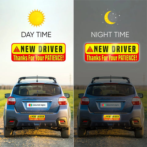 Image of a car displaying Extra Large Driver Sign For Car 3 Pack Magnetic Bumper Stickers Yellow Reflective Road Safety Sign For Learners And Beginner Drivers, showing day and night settings.