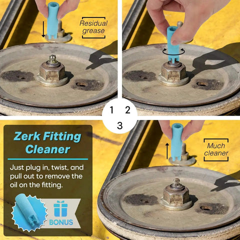 Heavy Duty Quick Release Grease Gun Coupler With Locking 6 Jaw System And Zerk Fittings Cleaner demonstrated in use.