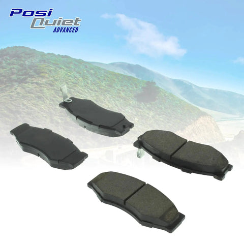 Front brake pad set, four Centric POSI-QUIET pads for Acura/Honda cars; dark friction material.