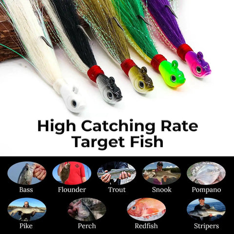 Premium Bucktail Jigs With Hair Lures, Five Pack 0.25 Ounce To 2.0 Ounce Jig Heads, assorted colors, for fishing targeting various fish.