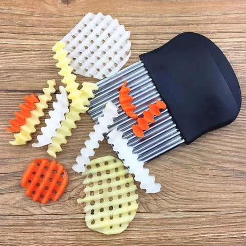 Stainless Steel Potato Masher With Integrated Design And Crinkle Cutter Easy Wide Grip Kitchen Tool For Mashing Potatoes Beans Vegetables Fruits Avocado And Meat Your Go To 304 Grade Stainless Steel Masher with crinkle-cut vegetables on a wooden surface.