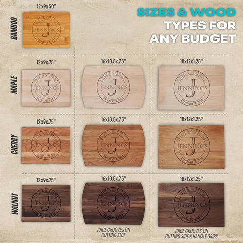 Custom Laser Engraved Charcuterie And Wood Cutting Board For Weddings And Anniversaries Personalize With Names Or Monogram In Cherry Maple Walnut Or Bamboo shown in sizes and wood types