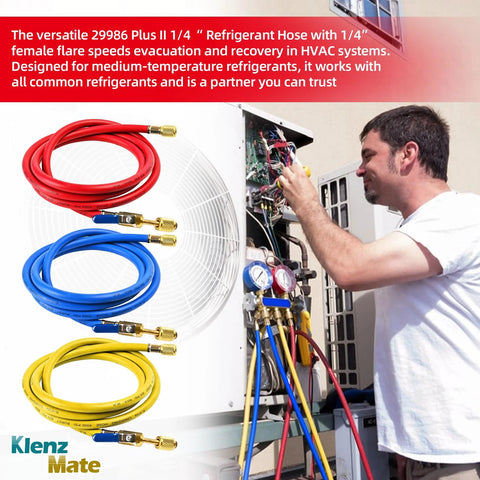 Three 72-inch HVAC refrigerant hoses in red, blue, and yellow with brass 1/4 in flare fittings