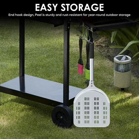 12 Inch Aluminum Perforated Pizza Peel With Lightweight Slotted Design, Nonstick Surface, Hanging Hook on outdoor cart
