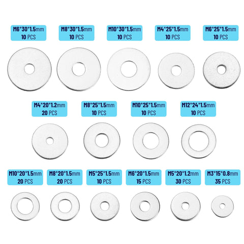 Front view of Bates Fender washer assortment kit, stainless steel flat and Fender washers, 230 pcs in 15 sizes (M3–M12)