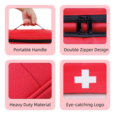 Red First Aid Bag features portable handle, double zipper, heavy duty material, cross logo for car travel office outdoor use