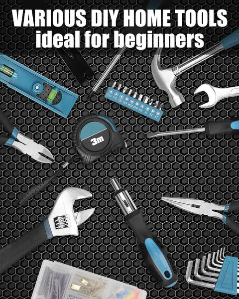Home Repair Tool Kit 144 Piece Set With Hammer Pliers Wrenches Voltage Tester Tape Measure And Screwdriver Bits In Portable Storage Box ideal for DIY projects and everyday home repairs.