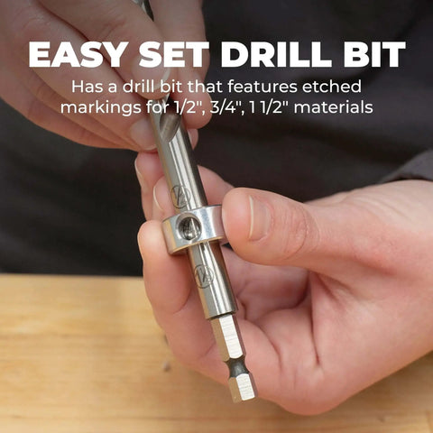 Person holding Easy Set Pocket Hole Drill Bit with Stop Collar and Thickness Gauge Built In Hex Wrench For Quick And Spot On Pocket Hole Setups In Woodworking Projects And Furniture Making By Kreg.