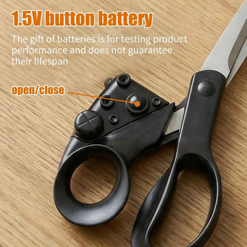 Close-up of Laser Guided Scissors For Fabric Cutting And Sewing With Precision Laser Line, showing ergonomic handle