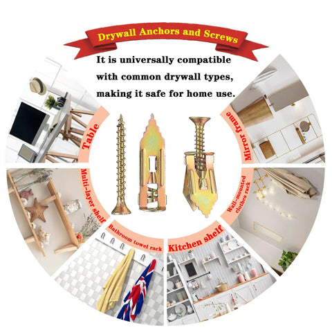 Diagram of Heavy Duty Drywall Anchors and Screws Kit with 160 Pieces, showing screws and multiple installation uses