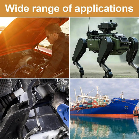Composite image showing diverse uses for Copper Anti Seize Thread Lubricant For High Temp Automotive And Marine Use with gearhead brush.