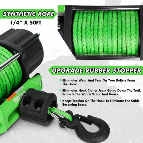 Close-up of STEGODON 5500 12V winch with green synthetic rope, black housing, and hook with roller fairlead.