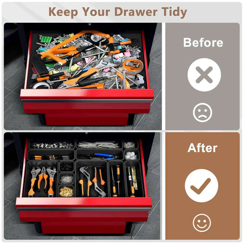 Before and after of a drawer using 46 Piece Tool Box Organizer Tray Divider Set In Black With Five Sizes For Garage.