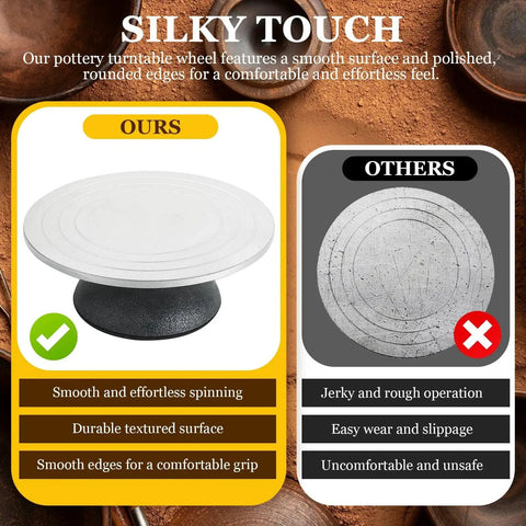 Comparison image showing a 12 Inch Cast Iron Pottery Sculpting Wheel With Ball Bearings Turntable on the left and a generic wheel on the right.