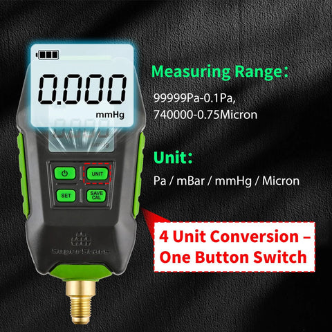 Amazon Super Stars digital micron vacuum gauge handheld unit with LCD backlit display, 1/4 in SAE, green trim