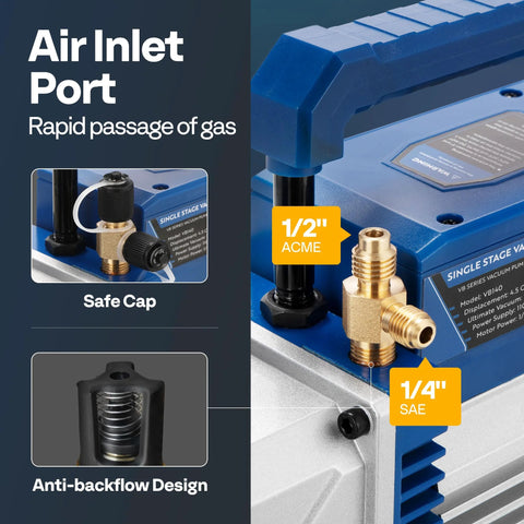 VIVOHOME 110V single-stage vacuum pump with gauge kit; front view of blue unit with 1/2 ACME and 1/4 SAE fittings.