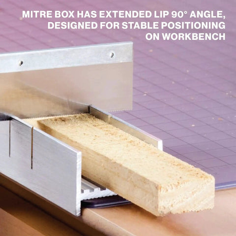 Six Inch Metal Miter Box Set With Aluminum And Steel Construction for precise 45 and 90 degree cuts in wood, shown on workbench.