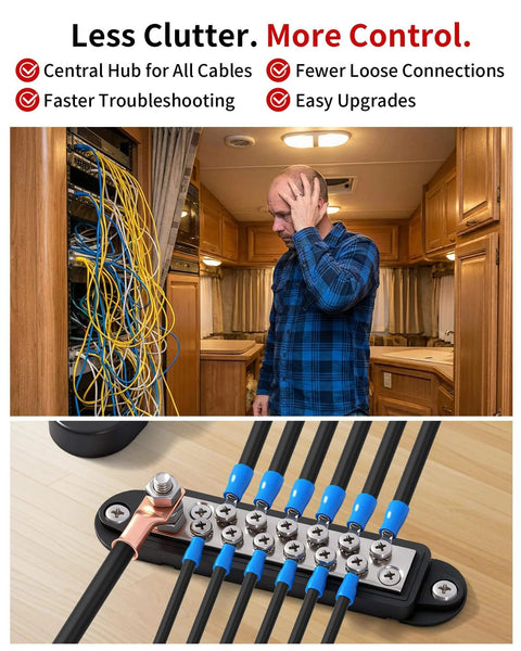 12V 150A Power Distribution Block Bus Bar With 1/4 Inch Stud Terminal installed in cluttered wiring environment.