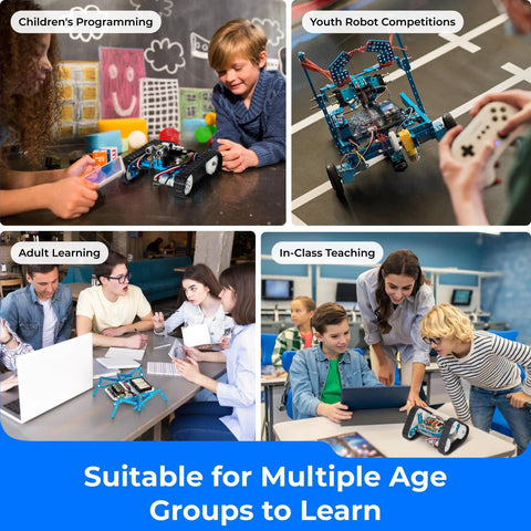 Amazon Makeblock mBot Ultimate 10-in-1 robotics kit for STEM education; blue modular robot shown in classroom and play.