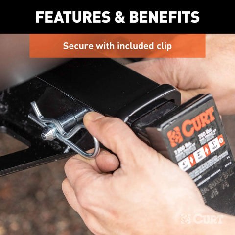 Five Eighths Inch Trailer Hitch Pin And Clip With Clear Zinc Finish being installed on a trailer hitch for 2 and 2.5 inch receivers