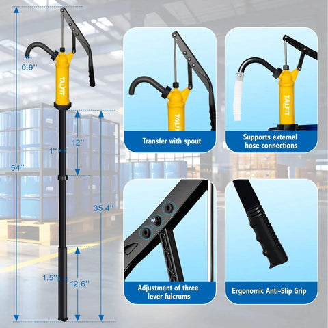 Lever Action Drum Pump for 55 Gallon Drums Fuels Chemicals Corrosives with spout and ergonomic handle in warehouse setting.