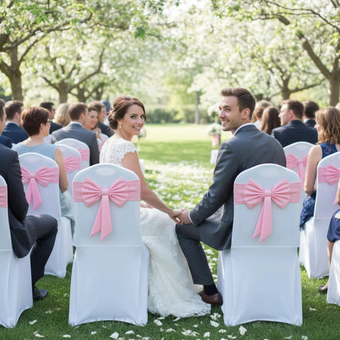Outdoor wedding with chairs adorned with Set Of Ten Elastic Spandex Chair Sashes In Pink For Wedding And Party Decor Fits Chair Backs 13.78 To 17.7 Inches Wide Easy Installation No Tie Universal Sash Straps For Banquet Ceremony Baby Shower Reception.