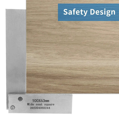 Machinist Square For Woodworking 4 X 2.5 Inch High Precision Mechanical Steel L Type Right Angle Square With Wide Seat Built To Last Heavy Duty 90 Degree Engineer Tool For Precise Framing And Marking Includes Blue Storage Box 100 X 63mm next to wood surface and safety sign