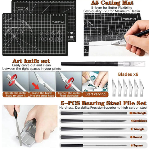 A5 cutting mats, art knife set with blades, and 5-piece steel file set from the 66-Piece All-In-One 3D Printer Tools Kit.