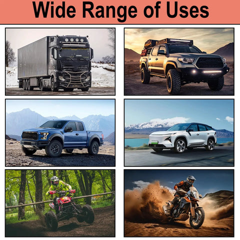 Various vehicles including trucks, cars, ATVs, and motorcycles showcasing the diverse use of Brass Brake Line Fittings Kit for One Quarter Inch Tubing With Seven Sixteenths Inch Twenty Four Threads Twelve Piece Assortment Including Four Unions And Eight Nuts Pro Grade Rust Resistant High Quality Auto DIY Essential For Brake Line Installations.
