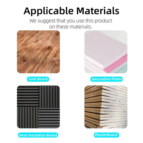 Image showing materials for use with 430 Piece Self Drilling Drywall Anchors And Screws Kit: cork board, decorative plates, heat insulation board, plasterboard.