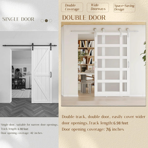 84 Inch By 84 Inch Sliding Bypass Barn Door Set With Six Point Nine Eight Foot Silver Hardware Kit Double Five Panel Frosted Glass Doors MDF Construction DIY Painted White Space Saving Easy Install Modern Room Divider installed in a room.