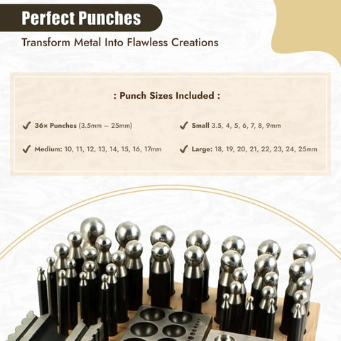 Workhorse Doming Block And Punch Set For Jewelry Making 41 Piece Dapping Kit with steel block, wood base, punch sizes shown
