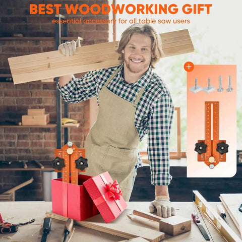 Person in workshop holding wood, gift box with Go-To Thin Rip Jig For Table Saw And Router, Repetitive Narrow Strip Cutting Guide visible.