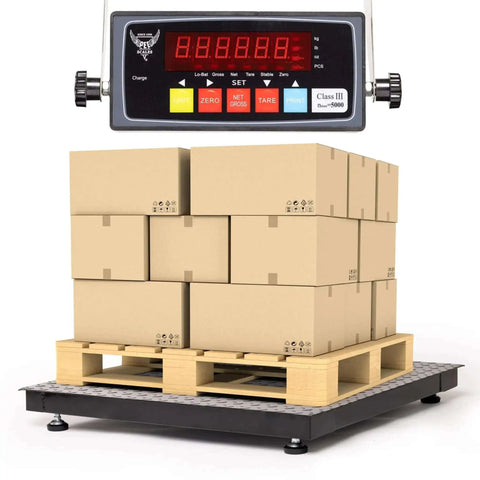 Pallet with boxes on 24 By 24 Inch Industrial Floor Scale With Heavy Duty Diamond Plate Platform And Digital Indicator.