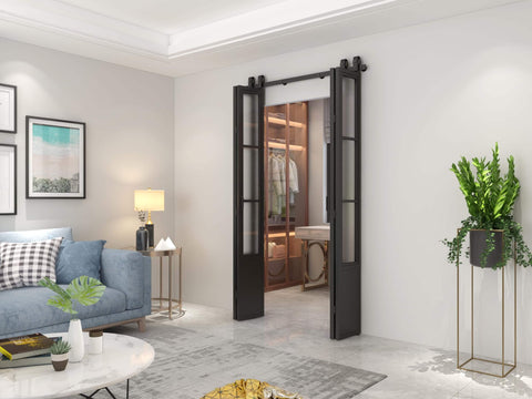 Frosted Glass Double Bi Fold Barn Doors With Black Steel Frame 48 Inch By 84 Inch Three Quarter Lites Includes Sliding Hardware Kit And Door Handle With Dope Modern Industrial Look For Home Or Office installed in living room