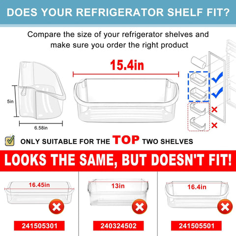 Installation guide for Two Pack Upgraded 240356402 Refrigerator Door Bin Replacement, highlighting correct and incorrect sizes.