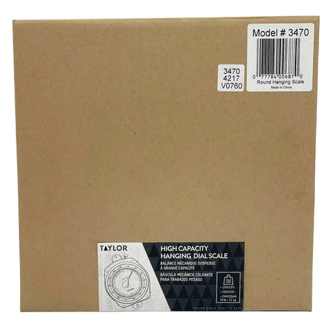 Box packaging for Dial Style 70-Pound Heavy-Duty Industrial Hanging Scale with model information and barcode visible