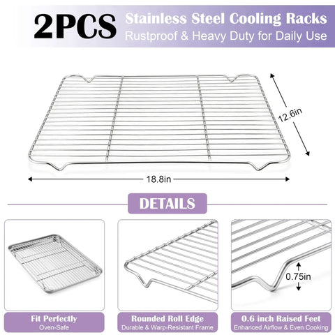 Large Stainless Steel Baking Sheet With Wire Rack Set 20x14 Inch, 2 pcs cooling racks, rust-resistant, oven safe, 18.8x12.6 inch