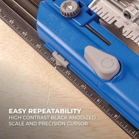 Close-up of Rip Cut Circular Saw Guide for precise edge guided cuts on regular side blade saws, with scale and precision cursor