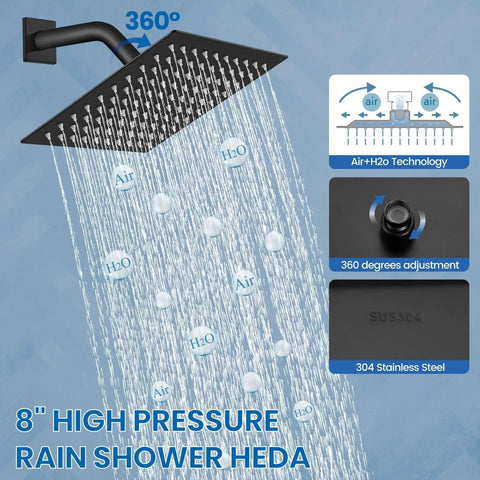 Matte Black 8 Inch Rain Shower System With SUS304 Stainless Steel Shower Head And Single Handle With Male Threads Rough In Valve Brass Mixer Wall Mount Trim Kit Easy Install Shower Faucet Set Built To Last showing water flow and adjustable features