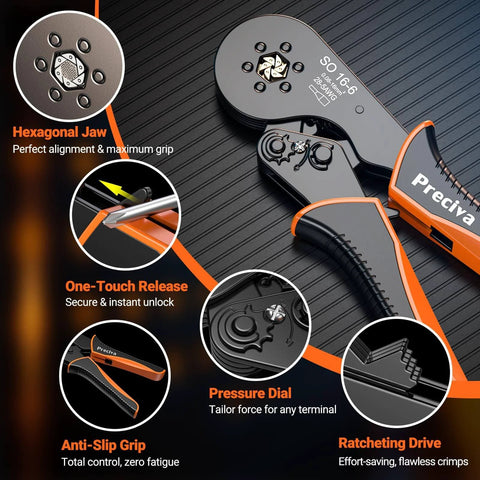 All In One Ferrule Crimping Tool Kit With Self Adjusting Ratchet For AWG 28 To 5 Ferrules And 1275 Pieces Hexagonal Double And Single Wire Connectors In A Heavy Duty Portable Carry Case showcasing hexagonal jaw and features.