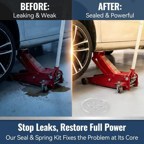 Before and after using the 19 Piece 3 Ton Floor Jack Repair Kit With Replacement Springs And Hydraulic Rebuild Parts For Most 3 Ton Jacks DIY Friendly Install Stops Leaks Restores Power Includes Handle Return Spring Replacement And Worn Seal Set, showing leaked and sealed conditions.