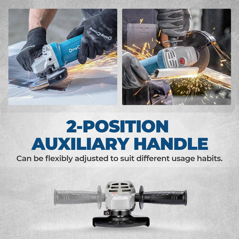 High Power Four And A Half Inch Angle Grinder With 6.7 Amp Copper Motor And 11,800 RPM Paddle Switch For Instant Stop shown cutting metal