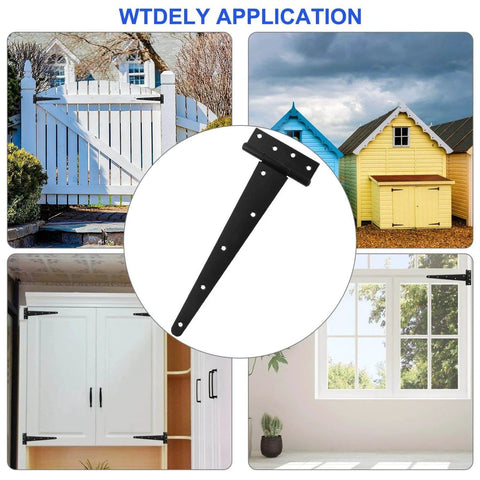 Applications of Six Pack 12 Inch T Strap Shed Hinge Set in black heavy duty iron for doors, barn gates, fences, sheds with screws