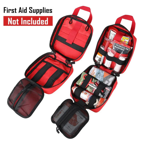 Open Rugged 1000D Nylon First Aid Bag With Molle Pouches For EMTs And Tactical Missions showing compartments and supplies placement.