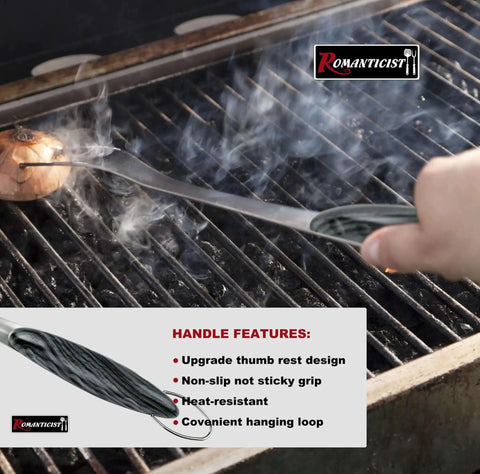 Elite 4Pc Heavy Duty Grill Tools Set For Top Chefs ROMANTICIST spatula shown in use during outdoor grilling