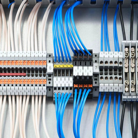 Dual Row 3 Position Wire Barrier Block Terminal Strip 600V 100A with clear insulating cover installed in electrical panel