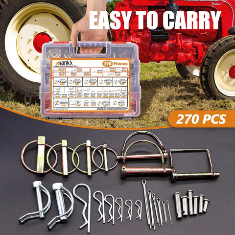 270 Piece Heavy Duty Hitch Pin Clip Assortment Kit with storage box and various pins for tractors trailers trucks