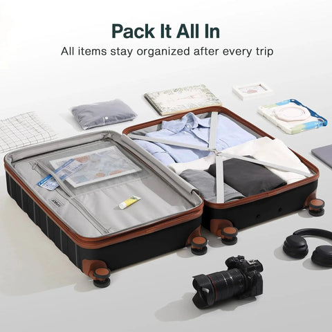 Open 3 piece luggage set with organized clothes and accessories, showcasing 100 percent PC case and spinner wheels